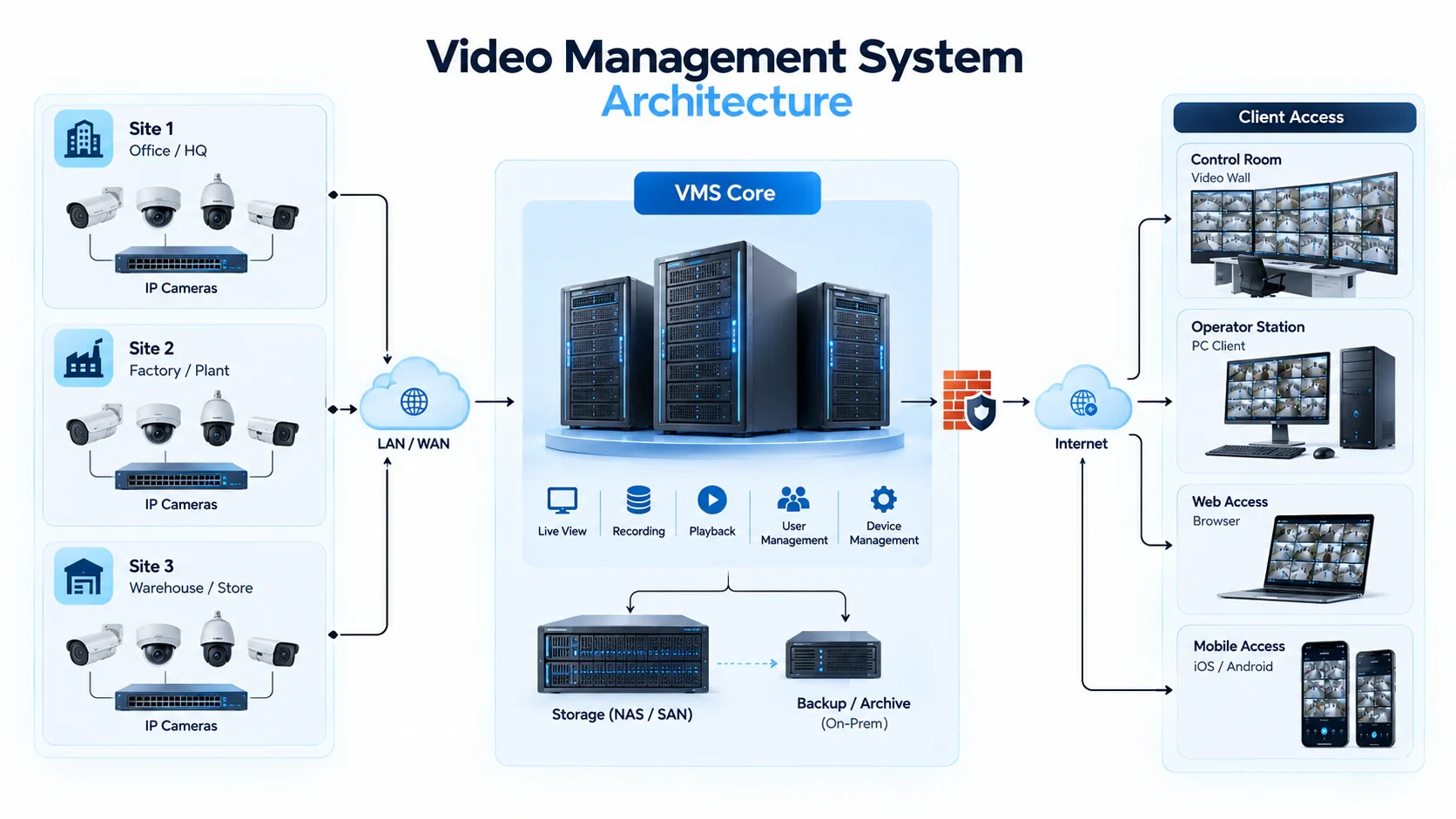 VMS architecture: IP cameras at several sites connect over LAN or WAN to the VMS core for live view, recording, playback, user and device management, with NAS or SAN storage and on-premises backup, and are viewed from control-room, operator, web and mobile clients
