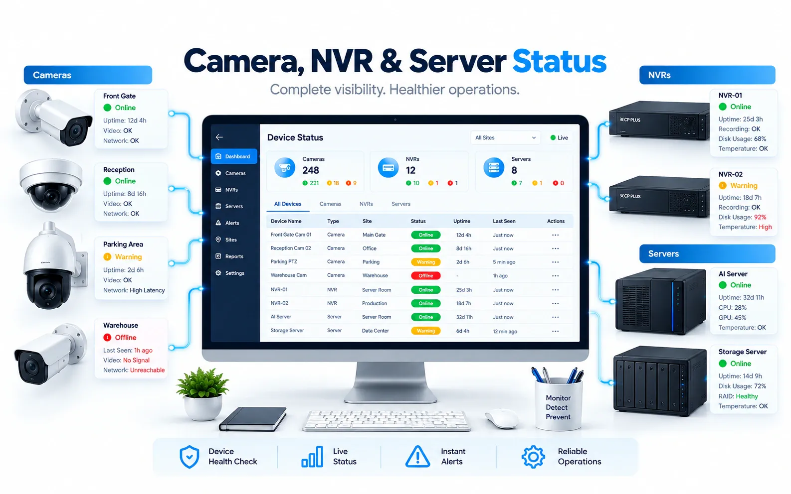 Device status dashboard listing cameras, NVRs and servers across sites with online, warning and offline states, uptime and last-seen times