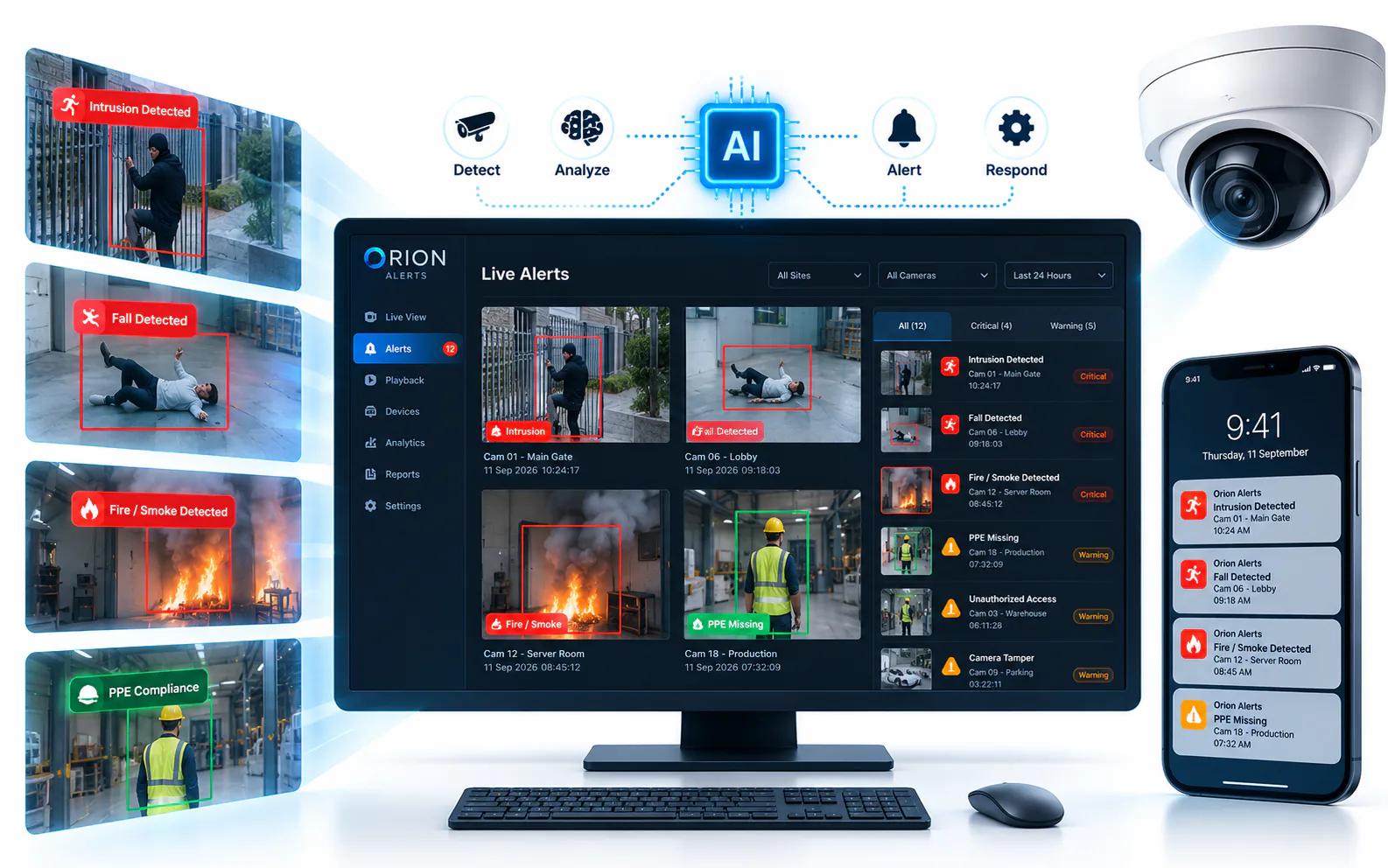 AI video analytics alert console showing intrusion, fall, fire and smoke, missing PPE and camera tamper detections from site cameras, with the same alerts arriving on a mobile phone